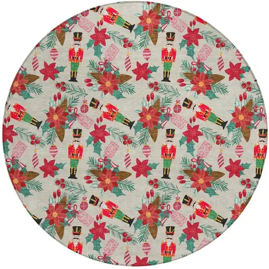 8' Beige Red Black Pink And Brown Round Floral Washable Indoor Outdoor Area Rug Photo 3