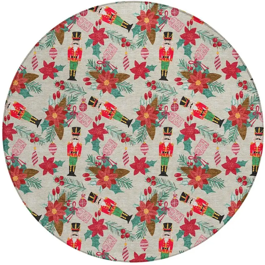 8' Beige Red Black Pink And Brown Round Floral Washable Indoor Outdoor Area Rug Photo 3