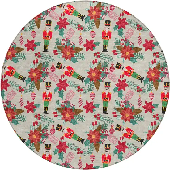 8' Beige Red Black Pink And Brown Round Floral Washable Indoor Outdoor Area Rug Photo 4