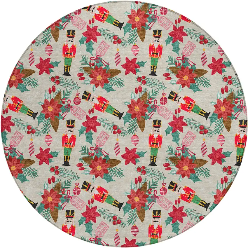 8' Beige Red Black Pink And Brown Round Floral Washable Indoor Outdoor Area Rug Photo 4