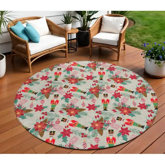 8' Beige Red Black Pink And Brown Round Floral Washable Indoor Outdoor Area Rug Photo 1