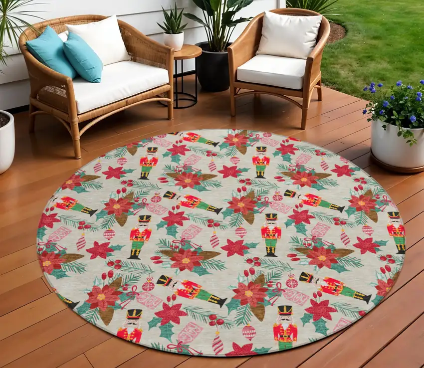 8' Beige Red Black Pink And Brown Round Floral Washable Indoor Outdoor Area Rug Photo 1