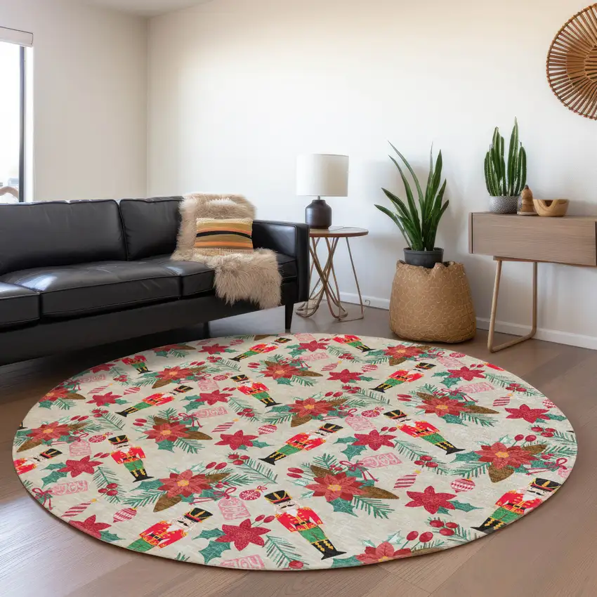8' Beige Red Black Pink And Brown Round Floral Washable Indoor Outdoor Area Rug Photo 6