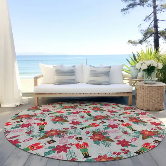 8' Beige Red Black Pink And Brown Round Floral Washable Indoor Outdoor Area Rug Photo 5