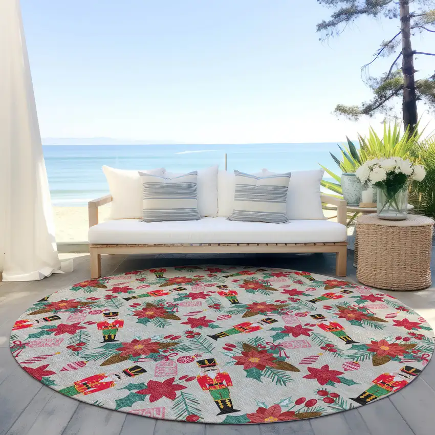 8' Beige Red Black Pink And Brown Round Floral Washable Indoor Outdoor Area Rug Photo 5