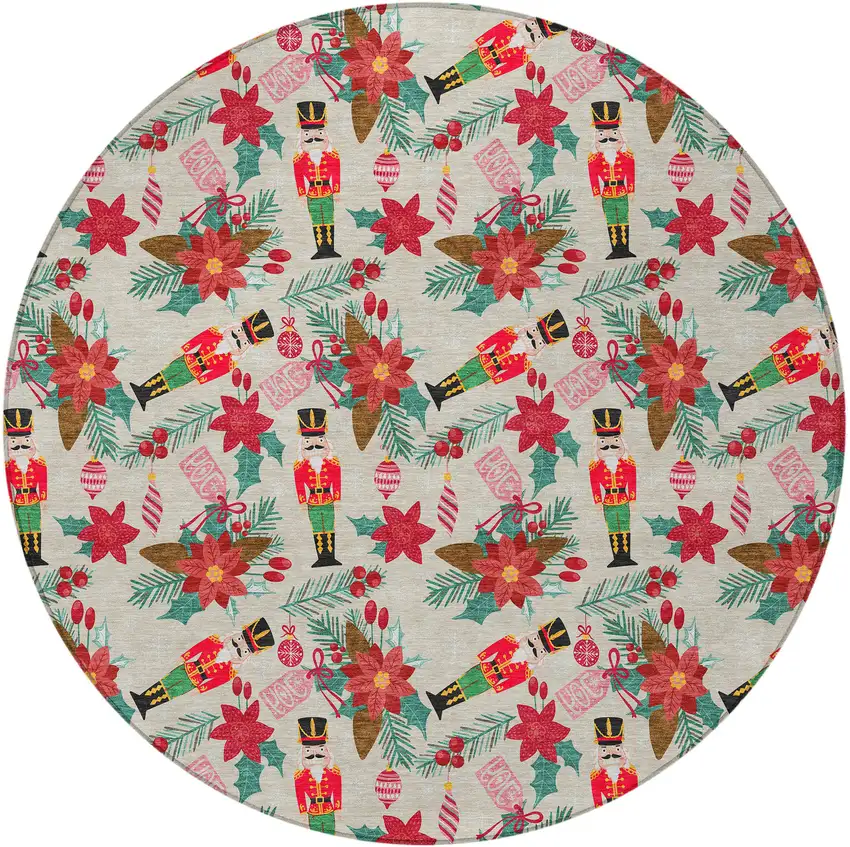 8' Beige Red Black Pink And Brown Round Floral Washable Indoor Outdoor Area Rug Photo 2