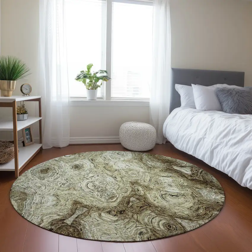 8' Beige Round Abstract Washable Indoor Outdoor Area Rug Photo 7
