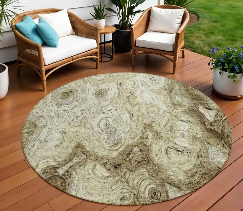 8' Beige Round Abstract Washable Indoor Outdoor Area Rug Photo 1