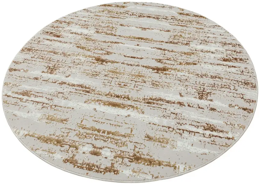4' Beige Round Abstract Washable Non Skid Area Rug With Fringe Photo 3