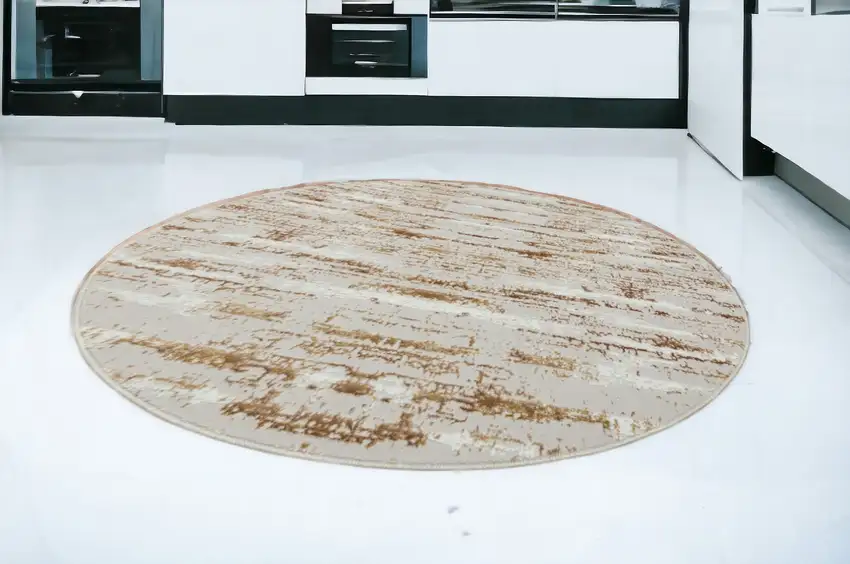 7' Beige Round Abstract Washable Non Skid Area Rug With Fringe Photo 1