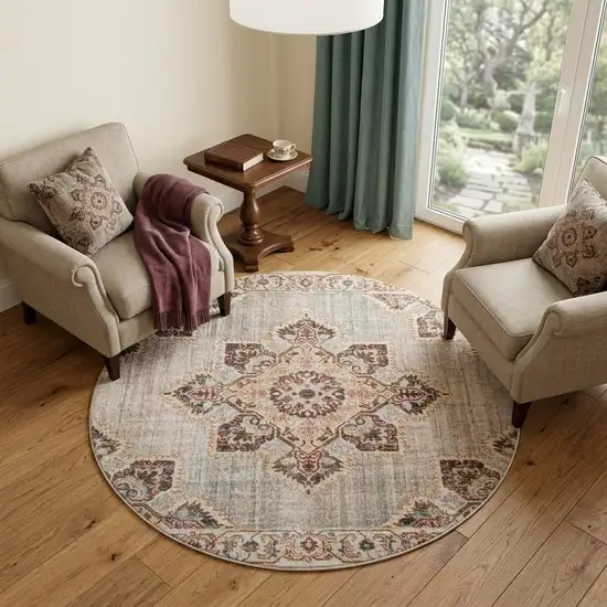 6' Beige Rust And Teal Medallion Round Rug Photo 1
