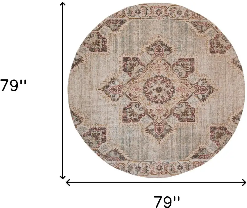6' Beige Round Medallion Power Loom Area Rug With Fringe Photo 7