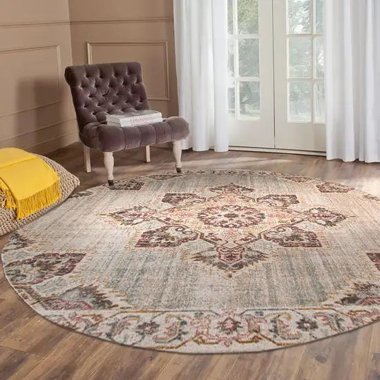 6' Beige Round Medallion Power Loom Area Rug With Fringe Photo 6