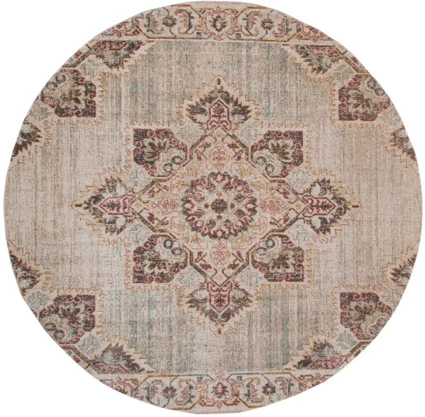 6' Beige Round Medallion Power Loom Area Rug With Fringe Photo 1