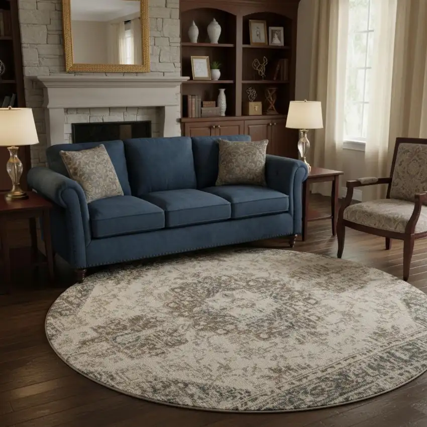 8' Gray And Beige Medallion Round Rug Photo 1