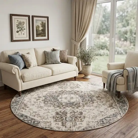 8' Gray And Beige Medallion Round Rug Photo 1