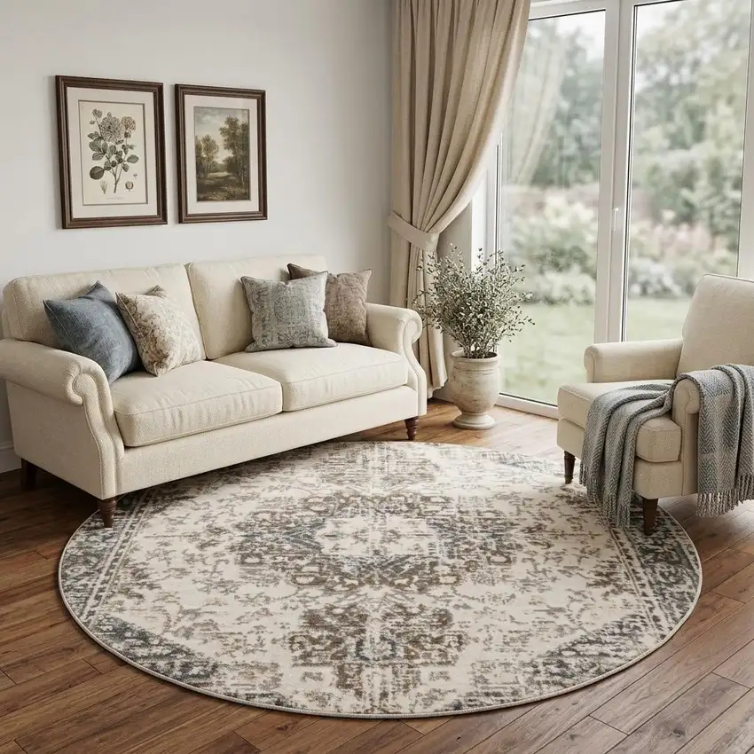 8' Gray And Beige Medallion Round Rug Photo 1