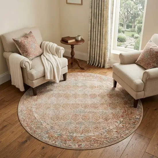 6' Beige Orange And Teal Southwestern Round Rug Photo 1