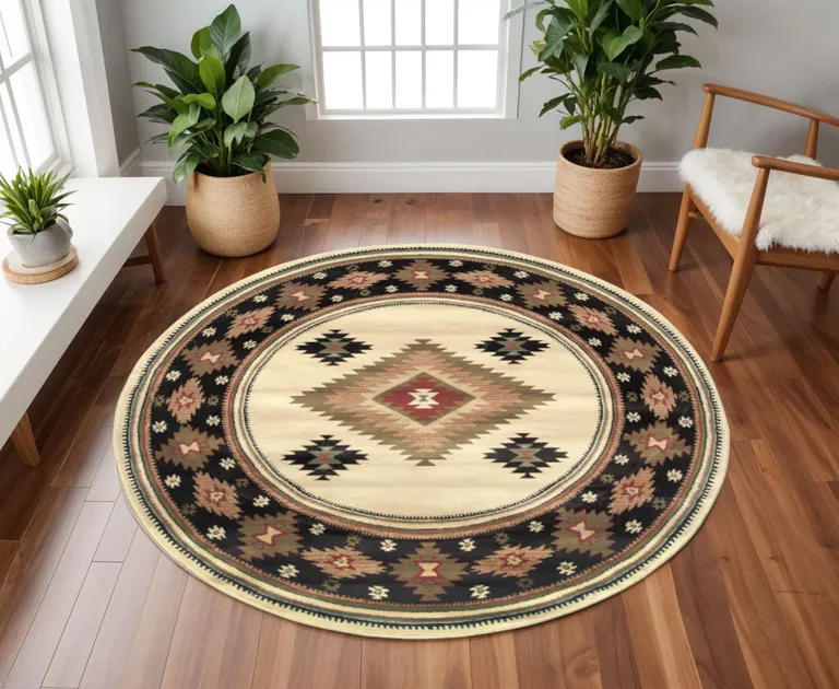 8' Beige Round Southwestern Power Loom Stain Resistant Area Rug Photo 4