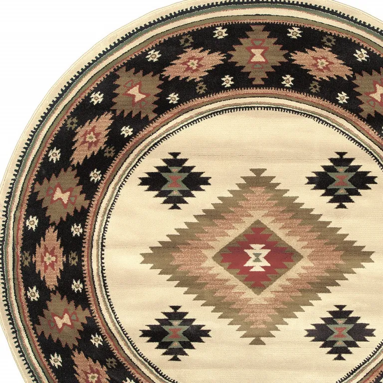 8' Beige Round Southwestern Power Loom Stain Resistant Area Rug Photo 3