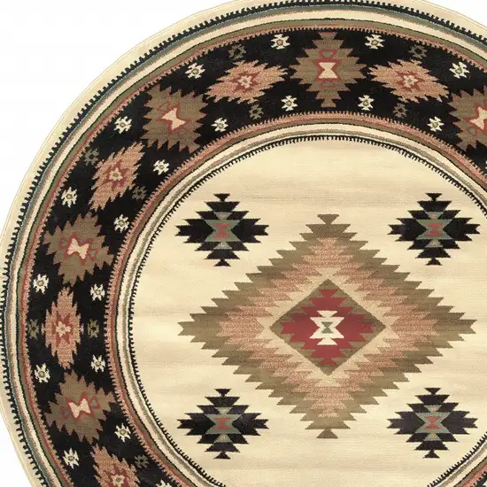 8' Beige Round Southwestern Power Loom Stain Resistant Area Rug Photo 3