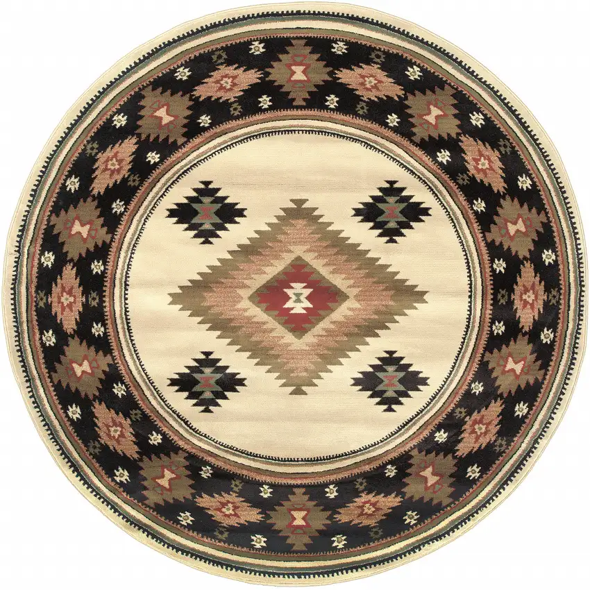 8' Beige Round Southwestern Power Loom Stain Resistant Area Rug Photo 1