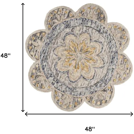 4' Beige Round Wool Floral Hand Tufted Area Rug Photo 3
