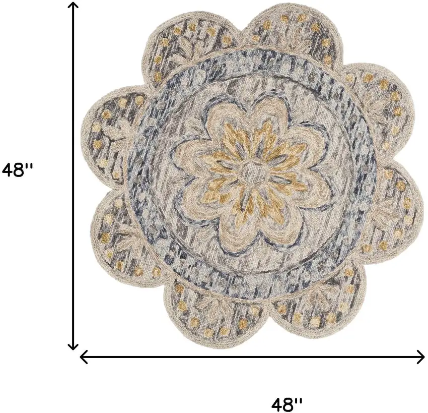 4' Beige Round Wool Floral Hand Tufted Area Rug Photo 3