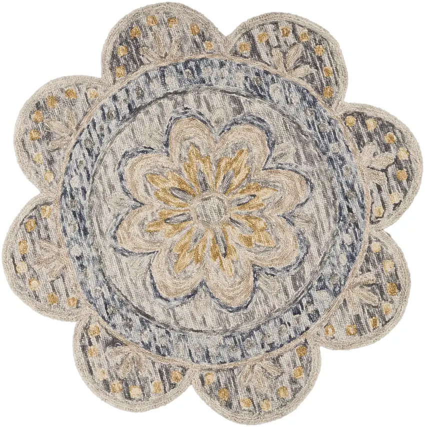 4' Beige Round Wool Floral Hand Tufted Area Rug Photo 6