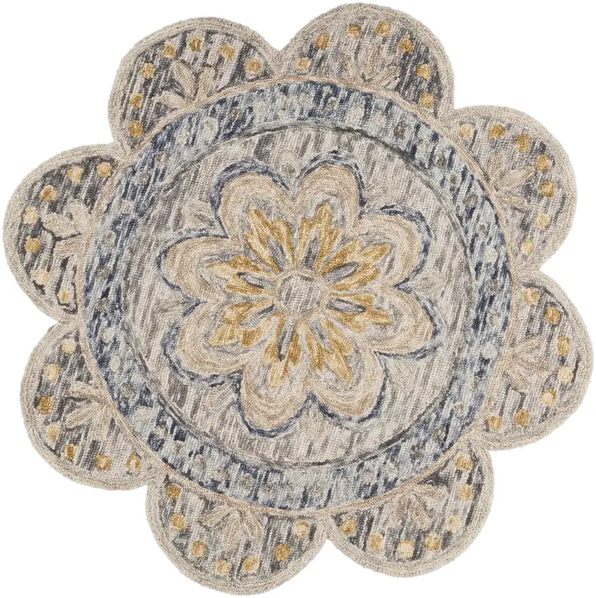 4' Beige Round Wool Floral Hand Tufted Area Rug Photo 1