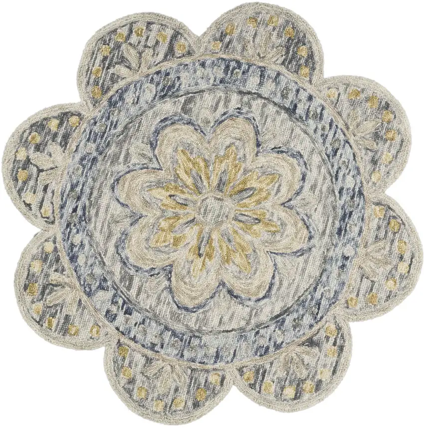 4' Beige Round Wool Floral Hand Tufted Area Rug Photo 9