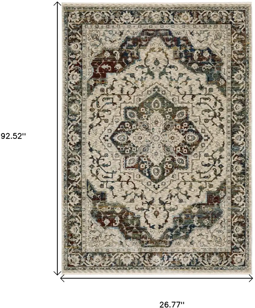 8' Beige Rust And Blue Medallion Runner Rug With Fringe Photo 3