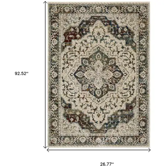 8' Beige Rust And Blue Medallion Runner Rug With Fringe Photo 3