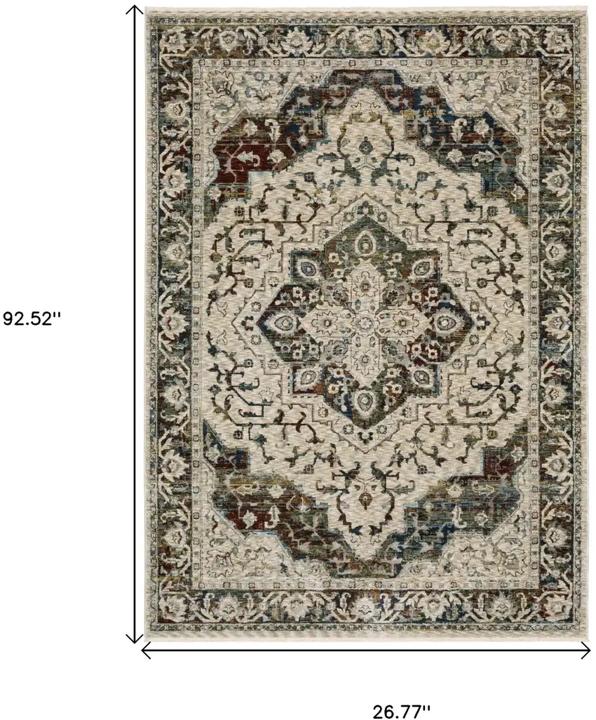 8' Beige Rust And Blue Medallion Runner Rug With Fringe Photo 3