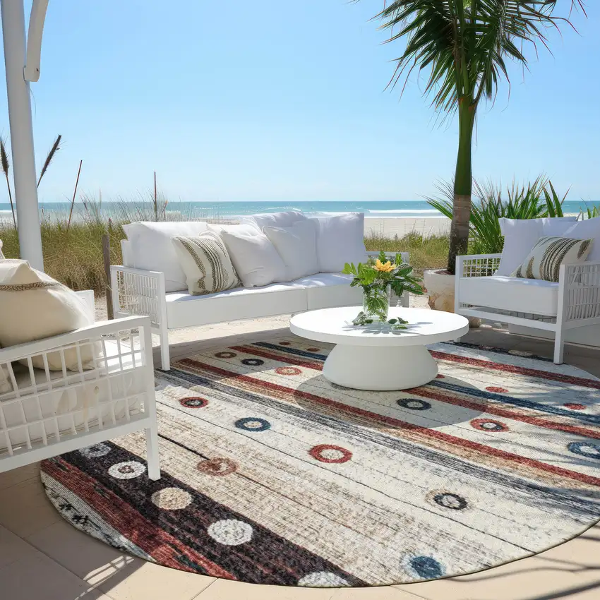 8' Beige Rust And Navy Blue Round Striped Washable Indoor Outdoor Area Rug Photo 5