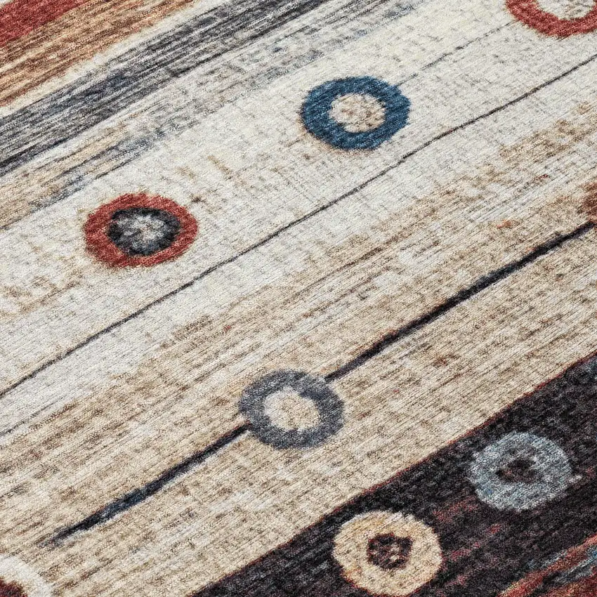 8' Beige Rust And Navy Blue Round Striped Washable Indoor Outdoor Area Rug Photo 9