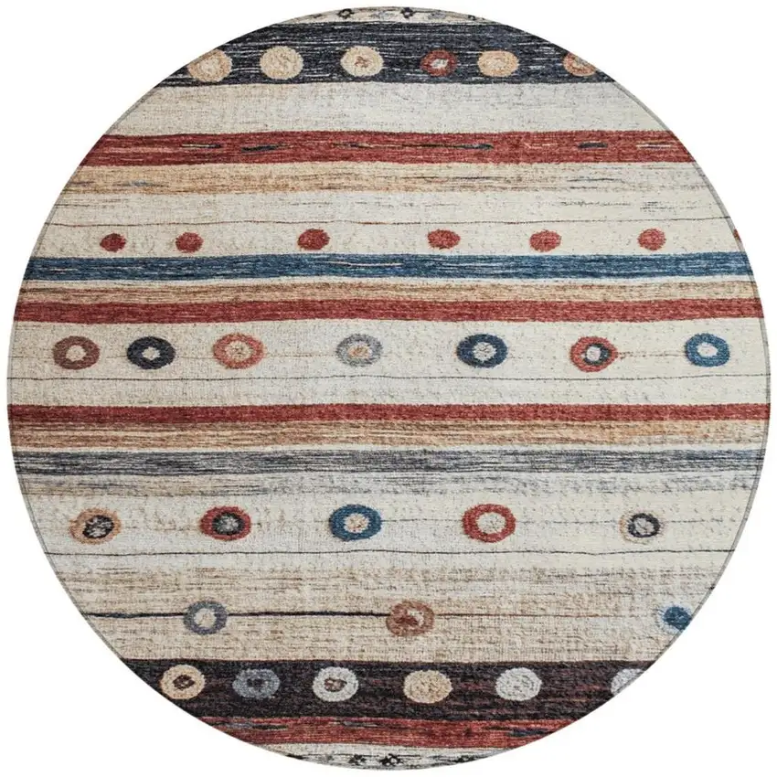 8' Beige Rust And Navy Blue Round Striped Washable Indoor Outdoor Area Rug Photo 3