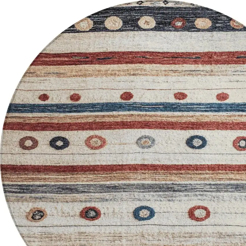 8' Beige Rust And Navy Blue Round Striped Washable Indoor Outdoor Area Rug Photo 4
