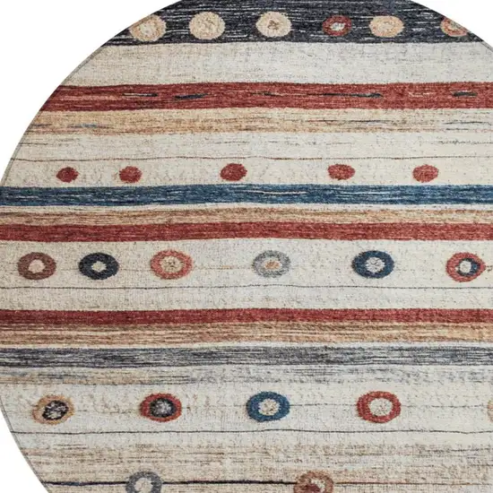 8' Beige Rust And Navy Blue Round Striped Washable Indoor Outdoor Area Rug Photo 7