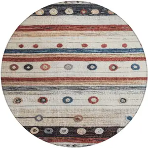 Photo of 8' Beige Rust And Navy Blue Round Striped Washable Indoor Outdoor Area Rug