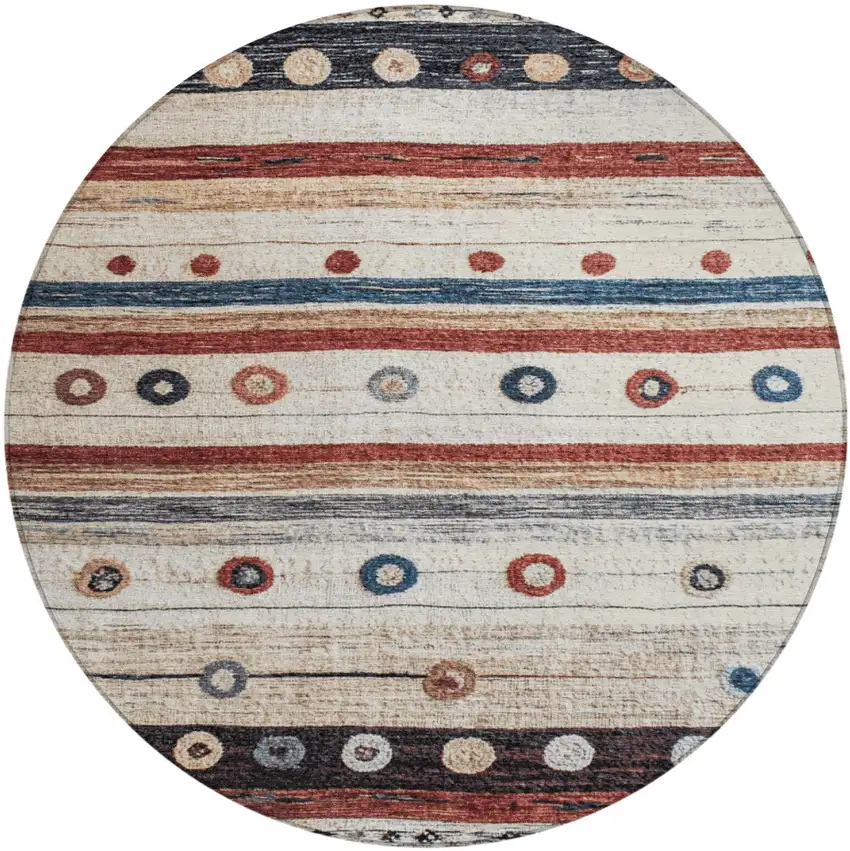 8' Beige Rust And Navy Blue Round Striped Washable Indoor Outdoor Area Rug Photo 1