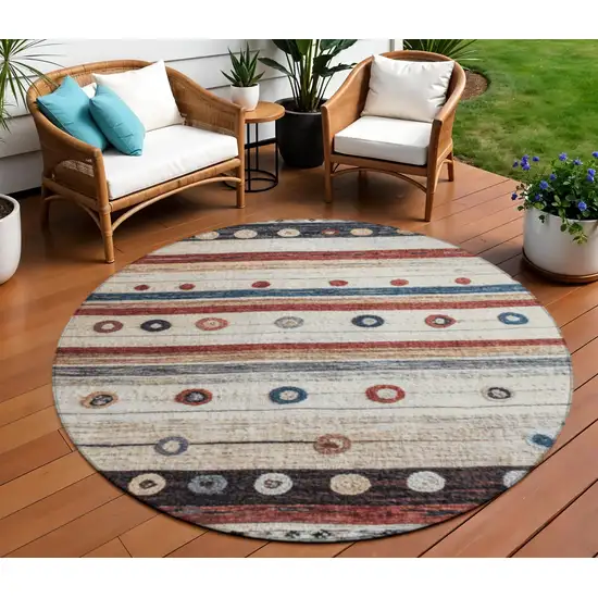 8' Beige Rust And Navy Blue Round Striped Washable Indoor Outdoor Area Rug Photo 2