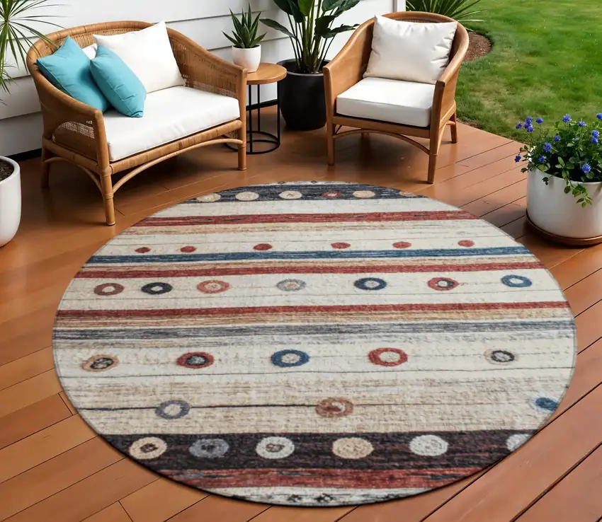 8' Beige Rust And Navy Blue Round Striped Washable Indoor Outdoor Area Rug Photo 2