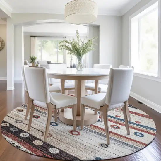 8' Beige Rust And Navy Blue Round Striped Washable Indoor Outdoor Area Rug Photo 6