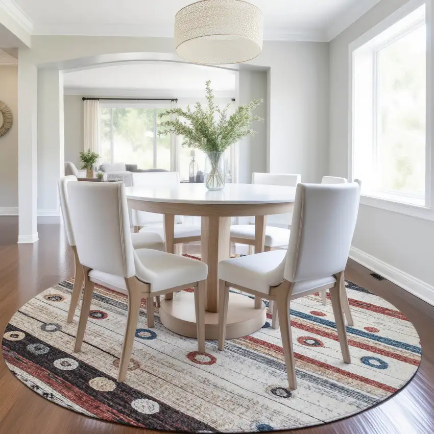 8' Beige Rust And Navy Blue Round Striped Washable Indoor Outdoor Area Rug Photo 6