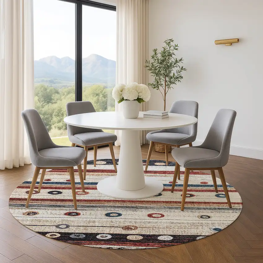 8' Beige Rust And Navy Blue Striped Washable Round Rug With UV Protection Photo 5