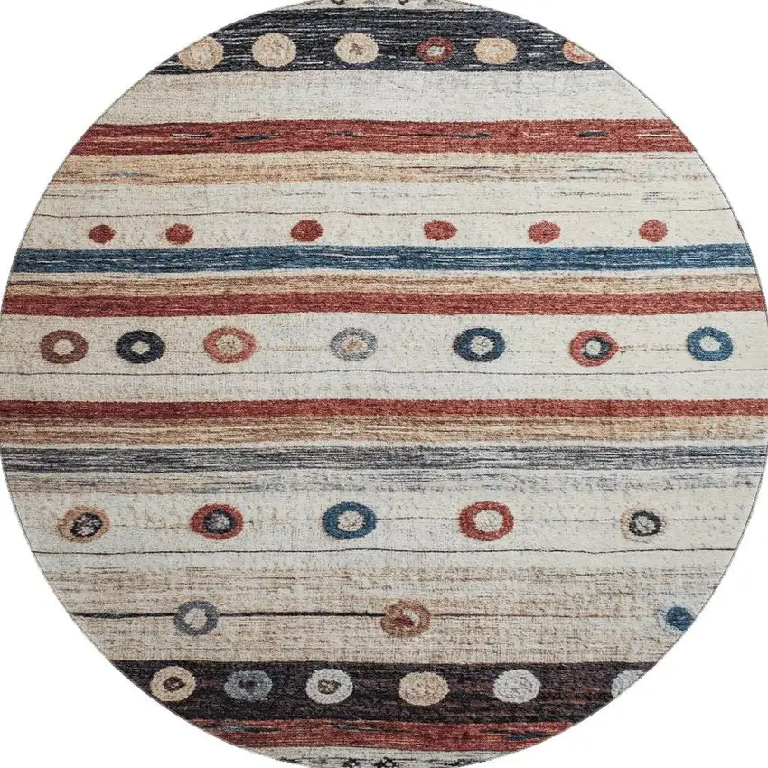 8' Beige Rust And Navy Blue Striped Washable Round Rug With UV Protection Photo 4