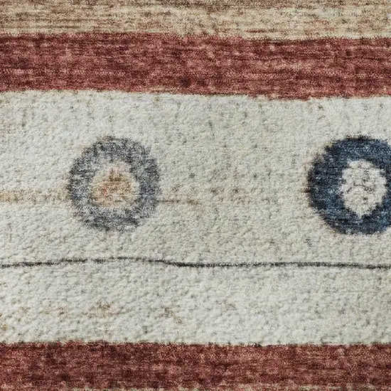 8' Beige Rust And Navy Blue Striped Washable Round Rug With UV Protection Photo 9
