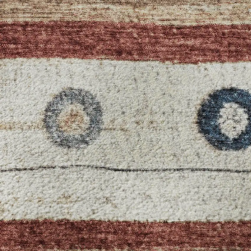 8' Beige Rust And Navy Blue Striped Washable Round Rug With UV Protection Photo 9