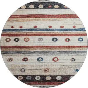 Photo of 8' Beige Rust And Navy Blue Striped Washable Round Rug With UV Protection